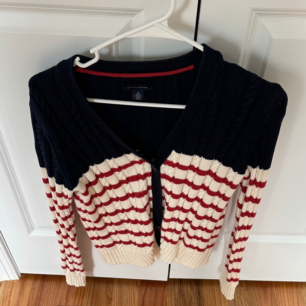 Tommy Hilfiger Navy and Cream Striped Cardigan